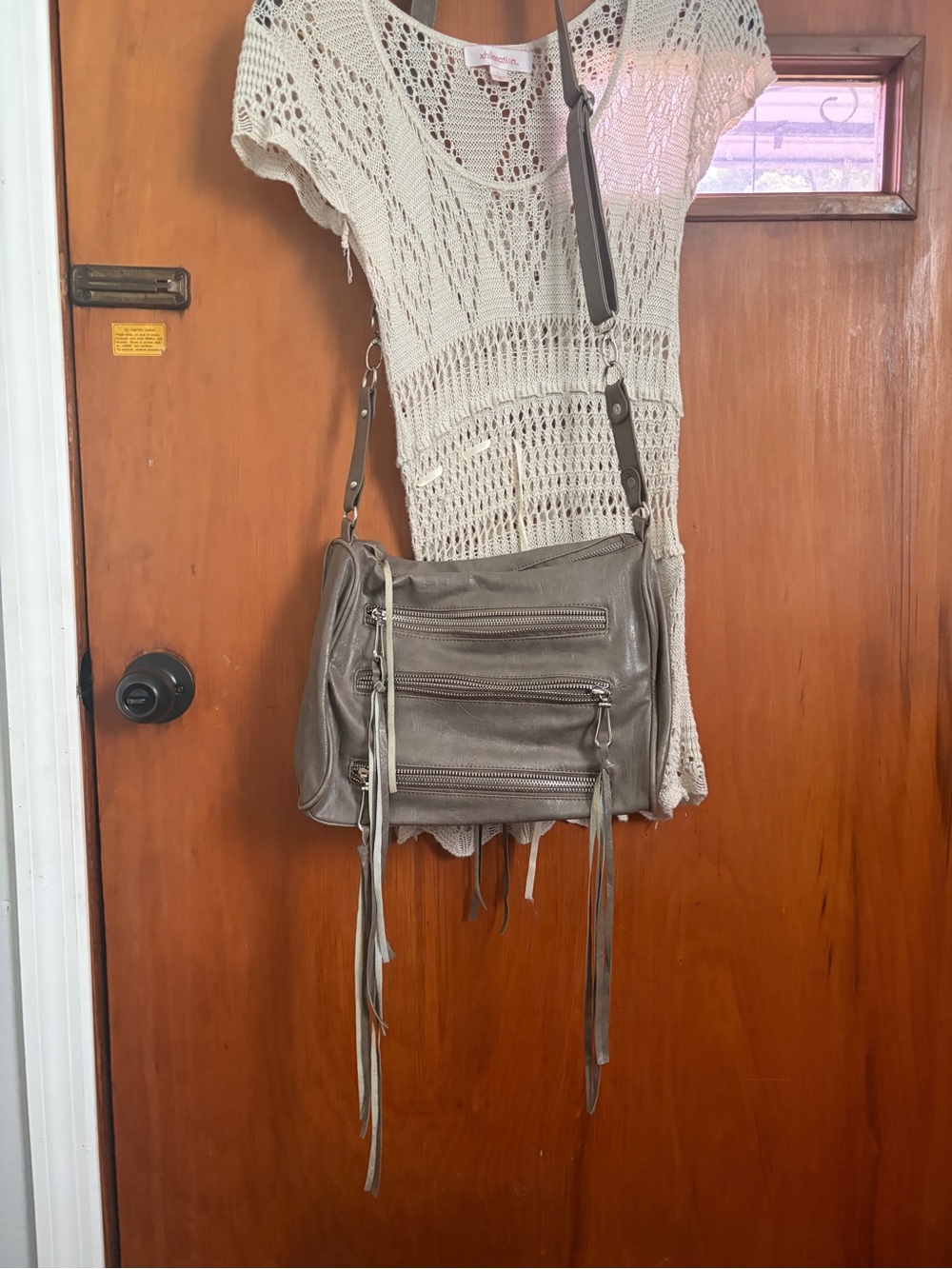 Vintage Y2K Gray Moto Crossbody Bag Multi-Zipper Fringe Accent Indie